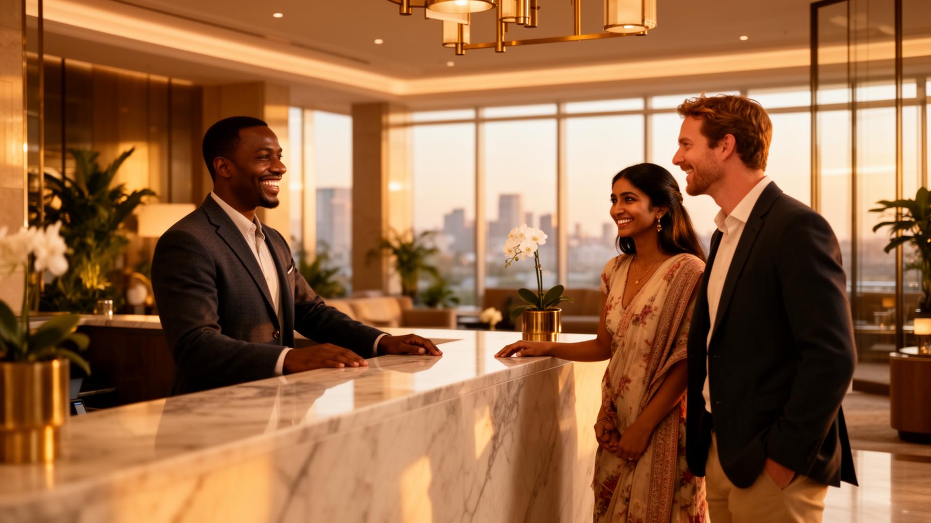 Hotel receptionist warmly welcoming guests at a luxury hotel front desk at golden hour